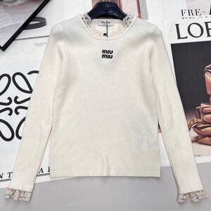 Miu Miu White Long Sleeve Top with Lace Details